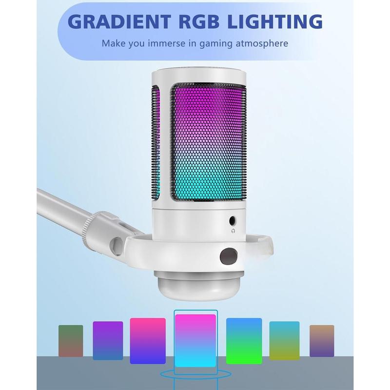 USB Microphone for PC, Gaming Mic for PS4  PS5   Phone,Condenser Microphone with Touch Mute, RGB Lighting,Gain knob &  Jack for Streaming,Podcasting (with Desktop Stand, White)