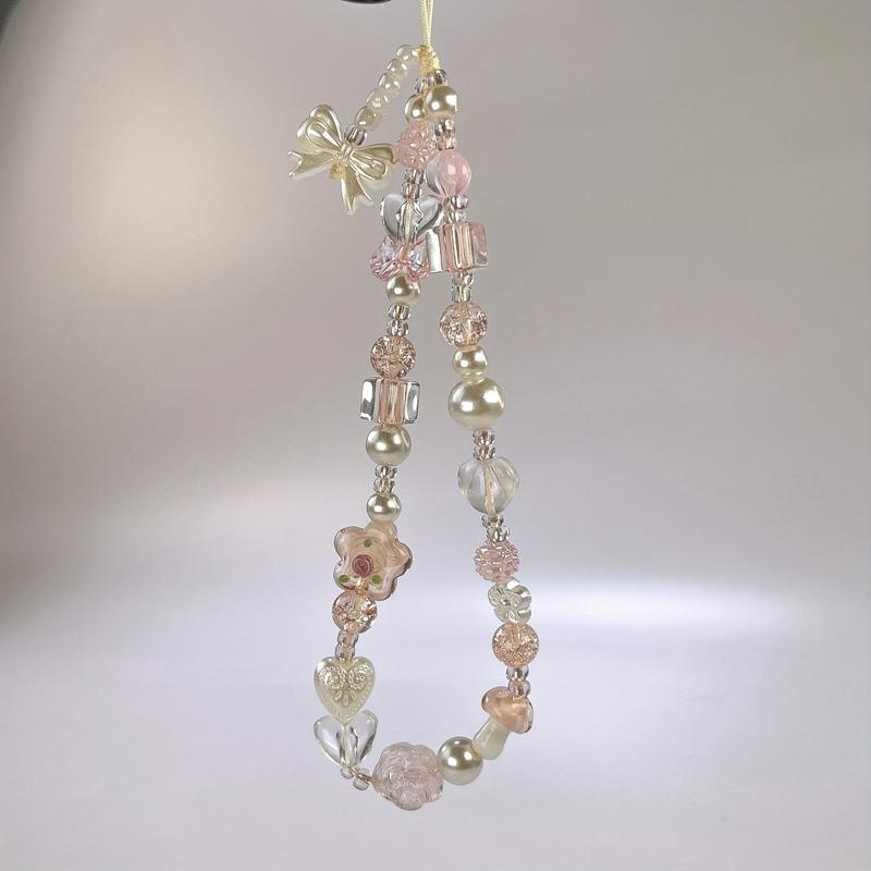 Creative Glass Small Flower Rose Cross Handmade Beaded Bow Strawberry Pendant Mobile Phone Chain Ccd Camera Anti-lost Anti-drop Hanging Rope