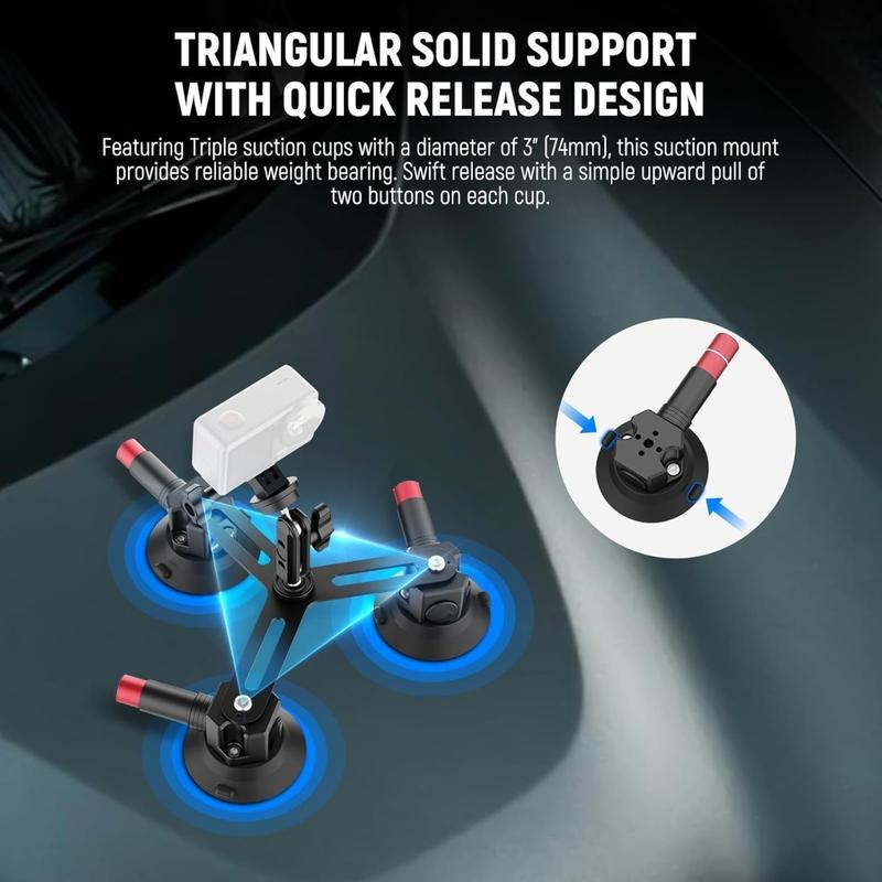 Triple Suction Cup Car Mount Kit, Quick Release Outside Windshield Magic Arm Camera Mount with Action Camera Adapter Compatible with GoPro Insta360