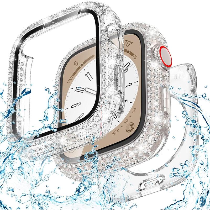 2-in-1 waterproof bling case for Apple Watch 40mm series 6 5 4 se SE2 screen protector, glitter diamond rhinestone bumper face cover for iWatch 40mm accessories women