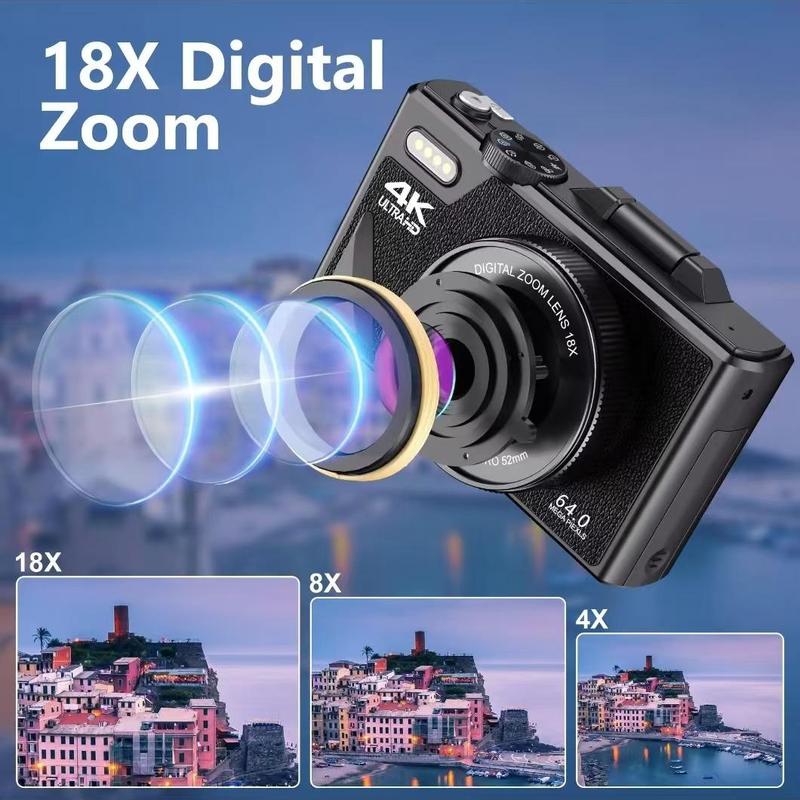 64MP 4K HD Digital Camera, 18X Digital Zoom 3'' Flip Screen Professional Camera Include 32GB TF Card, Selfie Accessories for Taking Photos, Recording Videos, Vlogging and Webcam