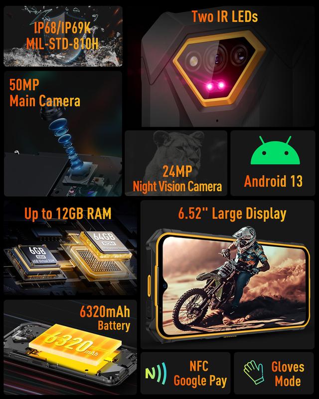 Ulefone Armor X13  Unlocked Rugged Phones Suit With Phone Case ,12GB RAM(6GB+6GB virtual RAM)+64GBROM, 4G Smartphone 50MP+24MP Night Vision Camera, 6.52