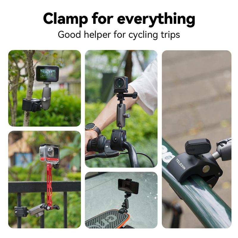 Camera Clamp Mount Bike Motorcycle Handlebar Holder, 360 Ball Joint Bicycle Cycling Tube Bar Attach for GoPro Max Hero 13 12 11 10 9 8 7 Insta360 X3 X4 Ace Pro DJI osmo action 5 pro 4 3 Osmo Pocket 3 Accessories