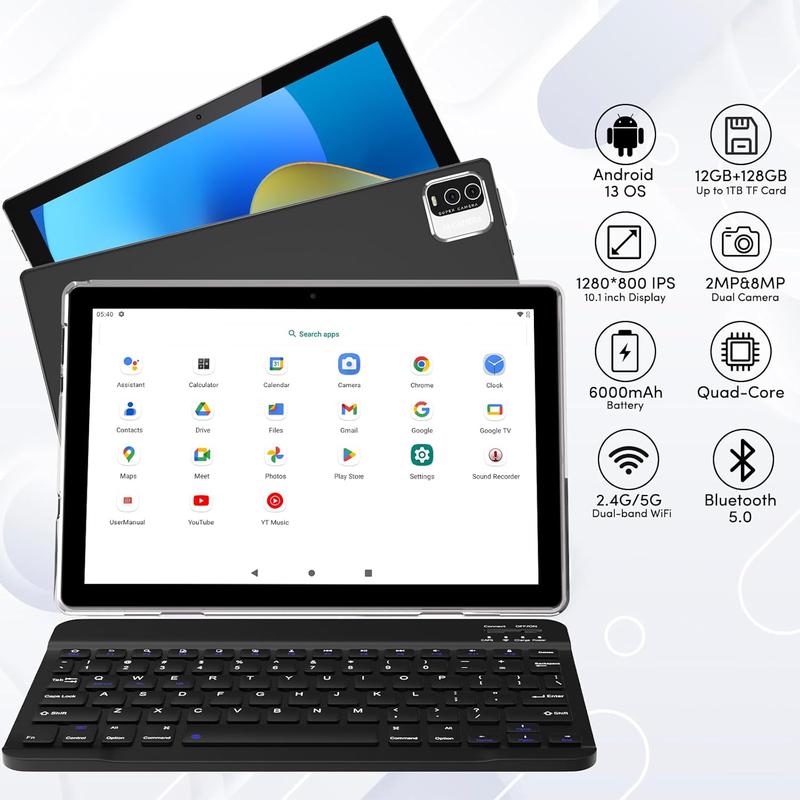 2024 Newest Android 13 Tablets, 10 inch Tablet 2 in 1 Tablet with Keyboard, 12GB+128GB 512GB Expand, 2.4G 5G Wi-Fi 6, BT 5.0, Dual Camera, Games, GMS Tablet with Case