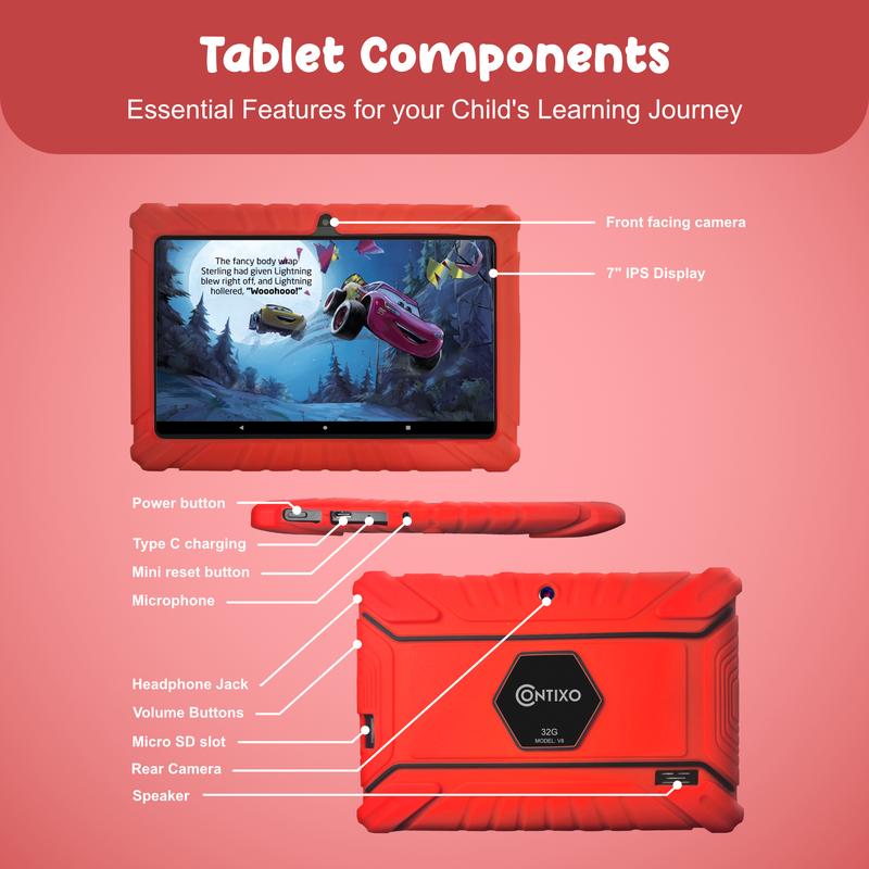 Contixo Kids 7” Tablet, Android 11, 32GB, Parental Controls, Kid-Proof Case, 50 eBooks, Learning Apps, Dual Cameras, Wi-Fi, Expandable Storage