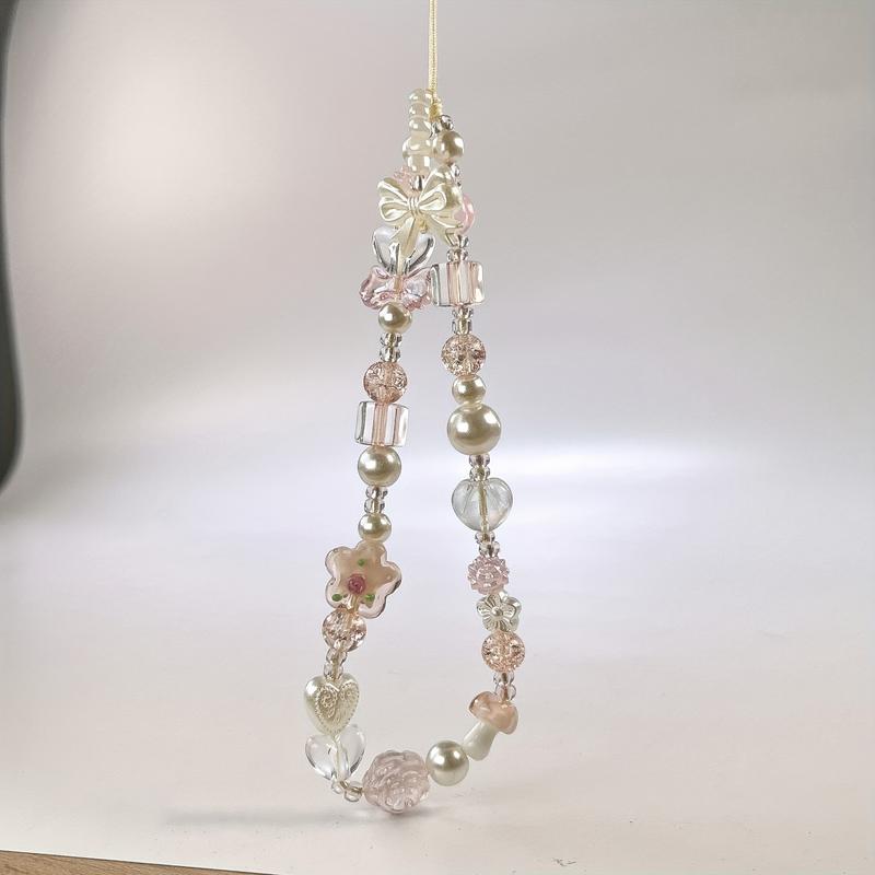 Creative Glass Small Flower Rose Cross Handmade Beaded Bow Strawberry Pendant Mobile Phone Chain Ccd Camera Anti-lost Anti-drop Hanging Rope