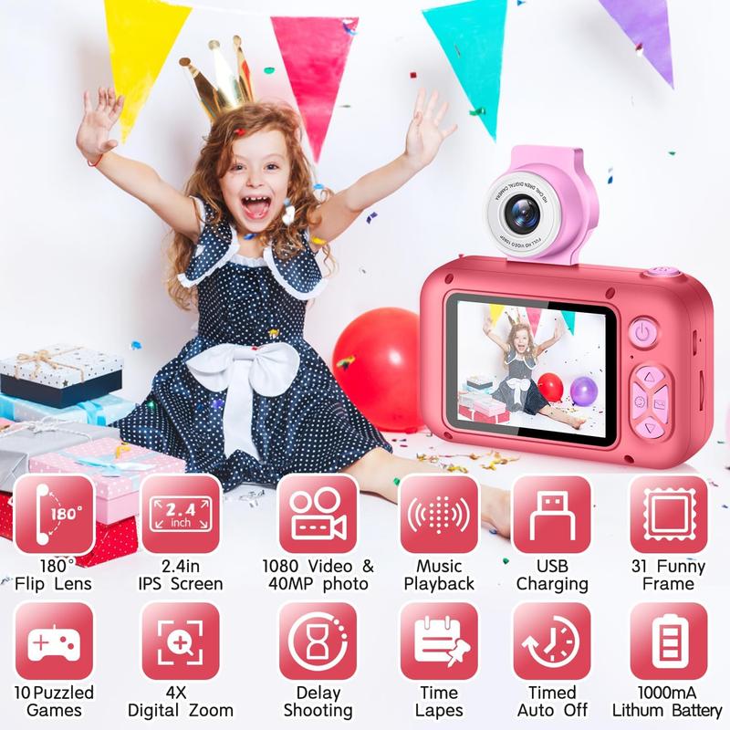 Kid Camera,Camera for Kid,2.4in IPS Screen Digital Camera,180Flip Len Student Camera,Children Selfie Camera with Playback Game,Christmas Birthday Gift for 4 5 6 7 8 9 10 11 Year Old Girl Boy