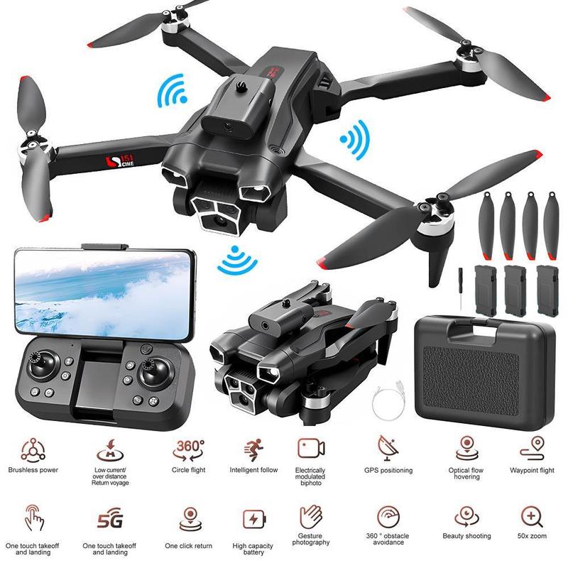 S151 Brushless Drone  8K FPV Camera Foldable Drone with Stable Altitude Hold,with Camera for Kids Adults, Gestures Selfie, Waypoint Fly, Auto-Follow, 3D Flip, One Key Start, 3 Speeds, 3 Batteries Accessories Folding drone