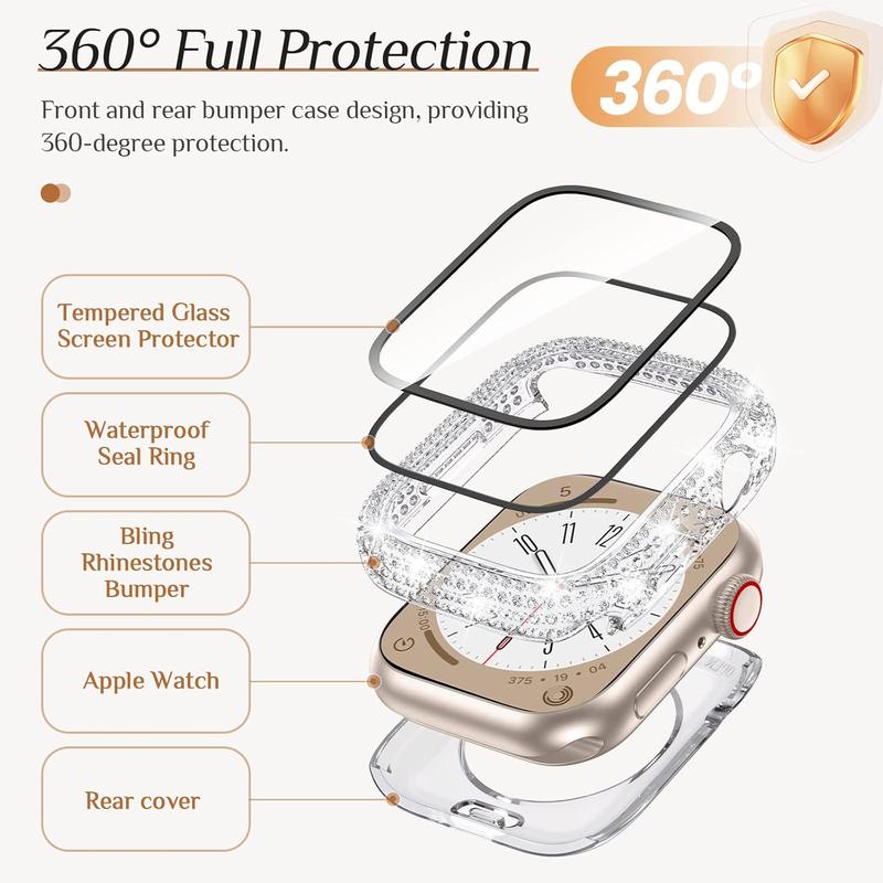 2-in-1 waterproof bling case for Apple Watch 40mm series 6 5 4 se SE2 screen protector, glitter diamond rhinestone bumper face cover for iWatch 40mm accessories women