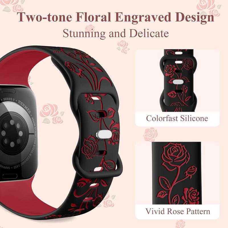 Excellent Quality- Floral Engraved Band Compatible with Apple Watch Bands 40mm 41mm 38mm 44mm 45mm 42mm 49mm Women, Cute Two Tone Flower Soft Silicone Sport Strap for iWatch Series 9 8 7 6 5 4 3 2 1 SE Ultra 2 Accessories Wearable