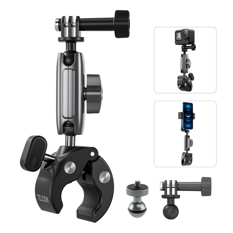 Camera Clamp Mount Bike Motorcycle Handlebar Holder, 360 Ball Joint Bicycle Cycling Tube Bar Attach for GoPro Max Hero 13 12 11 10 9 8 7 Insta360 X3 X4 Ace Pro DJI osmo action 5 pro 4 3 Osmo Pocket 3 Accessories