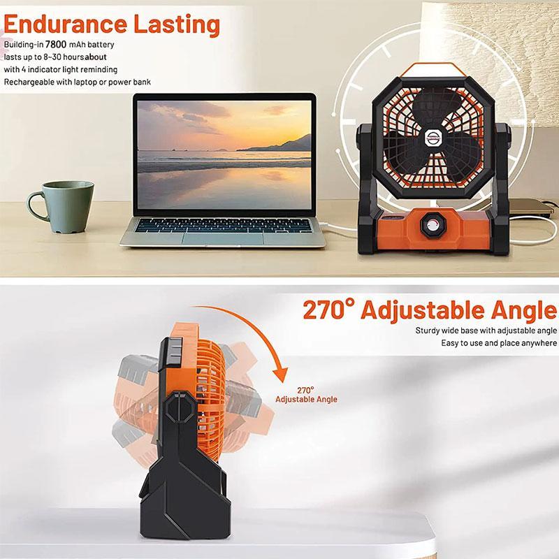 Portable Fan with LED Lights for Bedroom, USB Rechargeable Fan Portable 270° Rotation Tent Fan with Hook, Mobile Hanging Fans for Outdoor Travel Fishing, Desk Cooling Fan