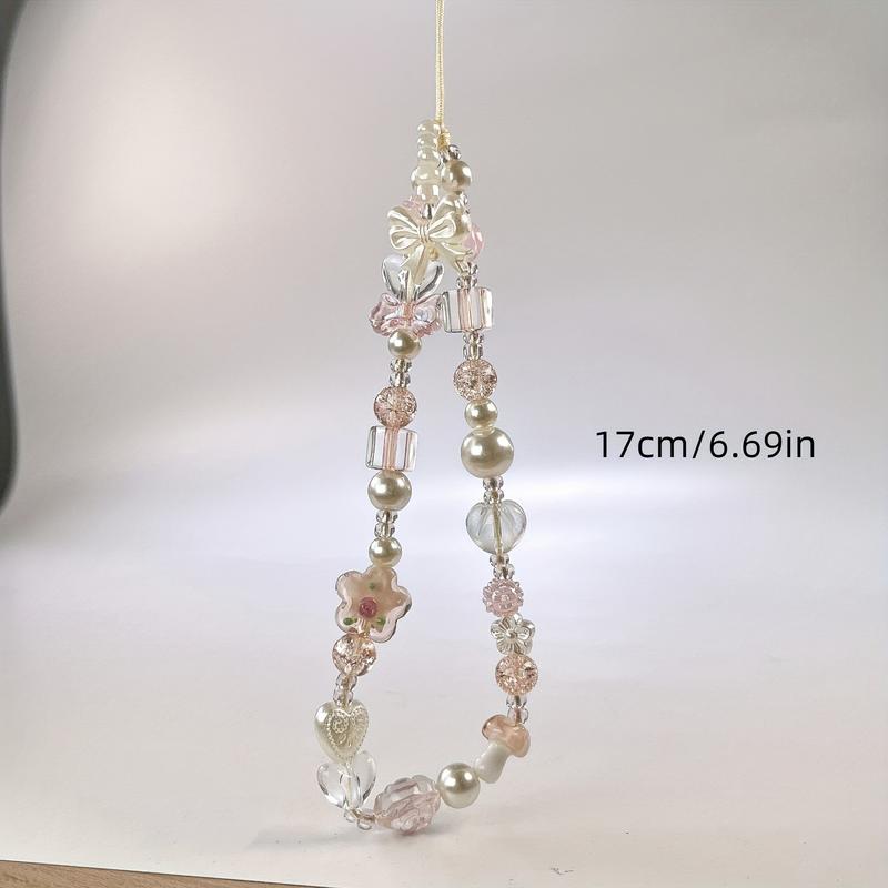 Creative Glass Small Flower Rose Cross Handmade Beaded Bow Strawberry Pendant Mobile Phone Chain Ccd Camera Anti-lost Anti-drop Hanging Rope