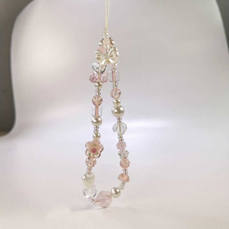 Creative Glass Small Flower Rose Cross Handmade Beaded Bow Strawberry Pendant Mobile Phone Chain Ccd Camera Anti-lost Anti-drop Hanging Rope