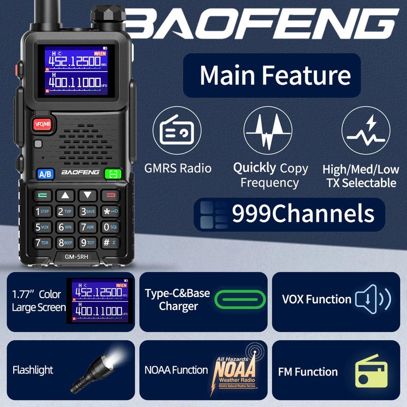 BAOFENG GMRS Portable 2 Way Radio 999 Channels Long Range Rechargeable Two Way Radio with NOAA Weather Receiving 2500mAh Battery USB-C Port,8