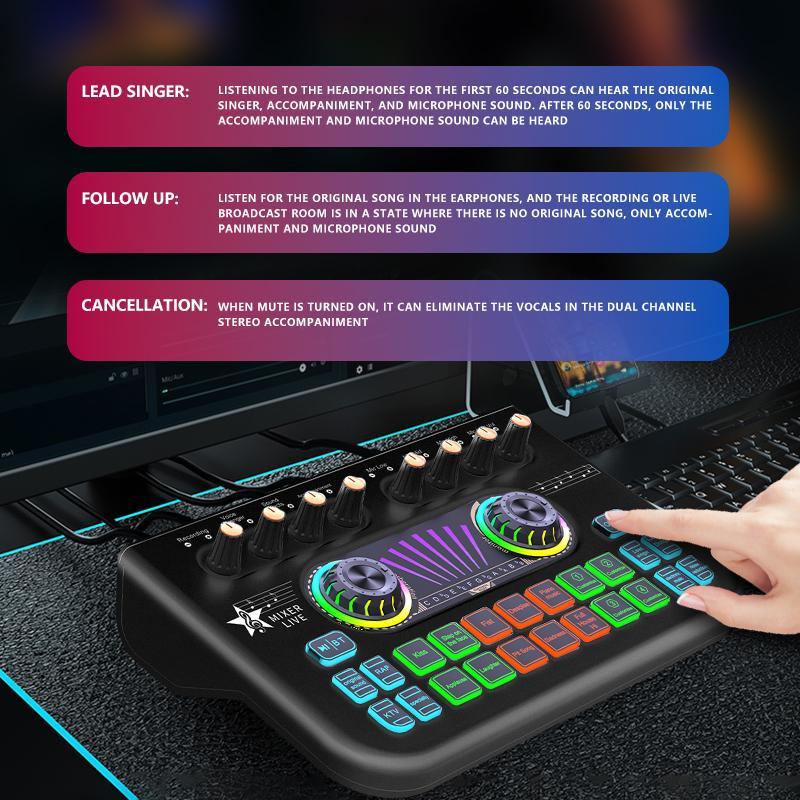 Digital Mixer, Rechargeable Audio Mixer, Professional Sound Card, Voice Effects, Sound Board, Sound Converter, XLR DJ Mixer for Phone PC Live Recording Game