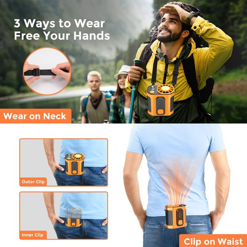 Portable Waist Fan Rechargeable 3 Speed High Speed Strong Airflow Hands-Free Hanging Neck Waist Clip Fan for Outdoor Working Fishing Hiking (Orange)