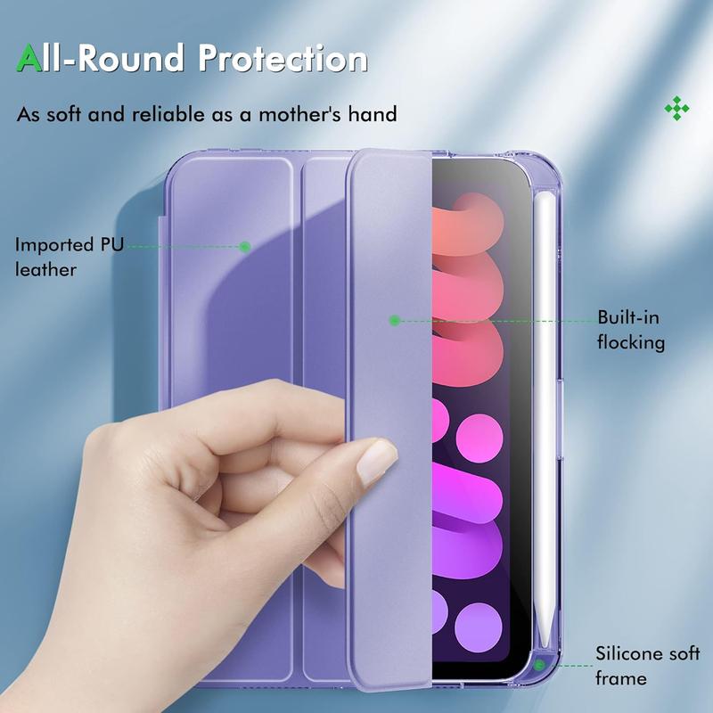 for iPad Mini 7 case, iPad Mini 7th (A17 Pro)  6th Generation Case 8.3 inch 2024 2021, Clear Back & PU Leather Protective Cover with Pencil Holder Support Wireless Charging, Purple