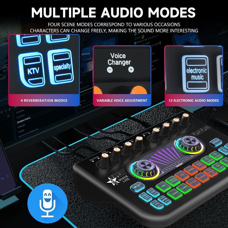 Digital Mixer, Rechargeable Audio Mixer, Professional Sound Card, Voice Effects, Sound Board, Sound Converter, XLR DJ Mixer for Phone PC Live Recording Game