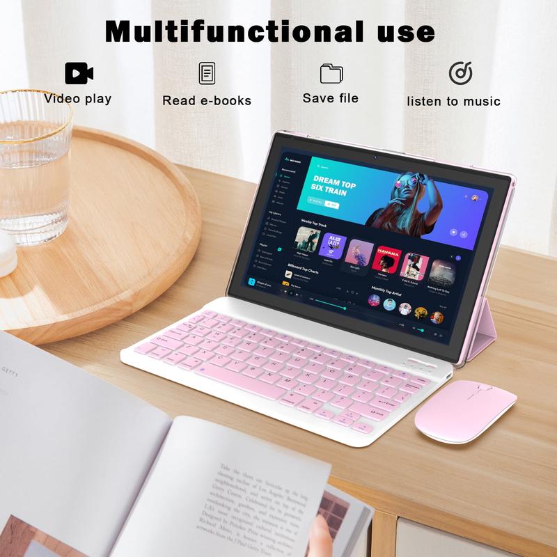 10.1 inch Android 12 tablet, newest 2 in 1 Tablets, 4GB RAM + 64GB ROM quad-core processor, 1280*800 FHD tableta with keyboard mouse Case stylus tempered film, 8MP dual camera 6000mAh battery 10 