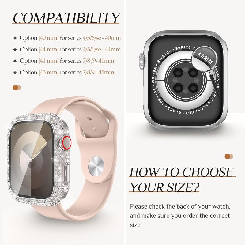 2-in-1 waterproof bling case for Apple Watch 40mm series 6 5 4 se SE2 screen protector, glitter diamond rhinestone bumper face cover for iWatch 40mm accessories women