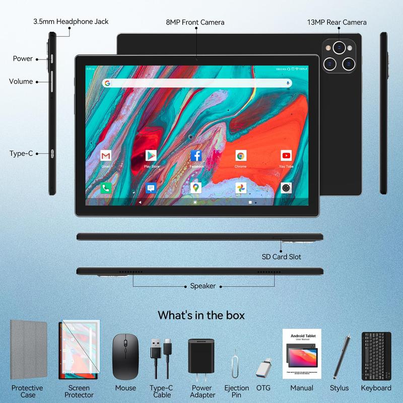 Tablet 2024 Latest Android 13 Tablet 128GB + 16GB (8+8 Expand) Large Storage, 2 in 1 Tablet with Keyboard, Octa-Core Processor, Tablet 10 Inch Screen, 5G WIFI Tablet Bluetooth Mouse Case 13MP Camera