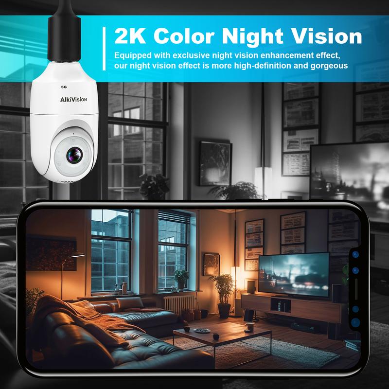 2K Light Bulb Security Camera - 5G&2.4GHz Dual Bands 360° Motion Detection Cameras for Home Security, Full-Color Night Vision, Auto Tracking, Siren Alarm, 24 7 Recording