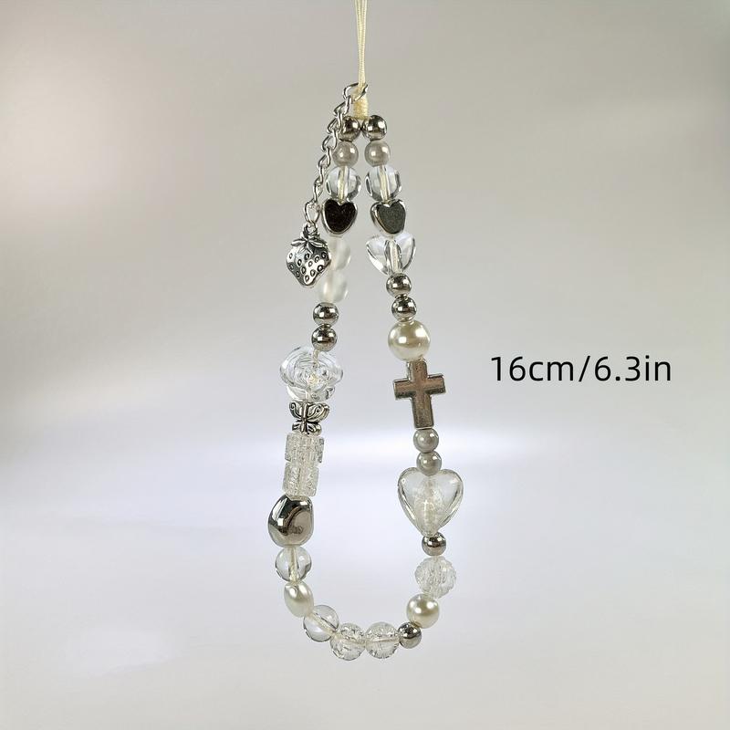 Creative Glass Small Flower Rose Cross Handmade Beaded Bow Strawberry Pendant Mobile Phone Chain Ccd Camera Anti-lost Anti-drop Hanging Rope