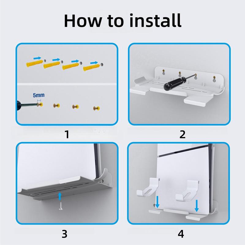 Wall Mount Stand for PS5 & PS5 Slim Console, 1 Count Vertical Holder Kit for Playstation 5 & Slim Console, Controller Hook with Screw Fixing