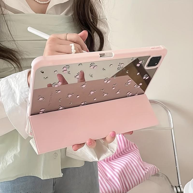 Floral Pattern Tri-Fold Stand Mirror Case - Protective Cover with Acrylic Mirror, Compatible with iPad 10.2 Air4 5 Pro11 10th 10.9 9.7, Two-in-One Design, Durable and Stylish Accessory for Daily Use