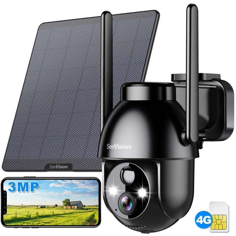 Seevision 4G LTE Solar Security Cameras Wireless Outdoor, Solar Powered 3MP Camera 2K Security Camera for No WiFi, PIR Motion Detection,Siren,Color Night Vision, SD Cloud Storage (SIM Card Included)