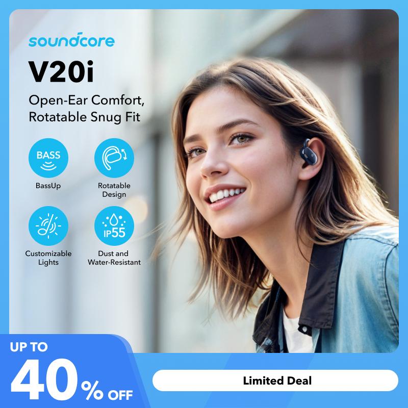 Soundcore V20i by Anker Open-Ear Headphones, Rotatable Ear Hooks, Ultra-Comfort, Snug Fit, Punchy Bass, Clear Calls, IP55, LED Lights, 36H Playtime, Bluetooth 5.4 Earbuds, Multipoint Connection-TTS