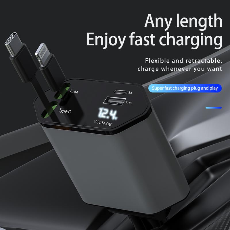  Retractable Car Charger 4 in 1 Fast Car Phone Charger 120W, Type C Car Charger Adapter with 2X Retractable Phone Charger Cables and 2X USB Ports for iPhone 15 14 13 12, Samsung S24 S23,Google Cellphone Smartphone Mobile Charging Electronic