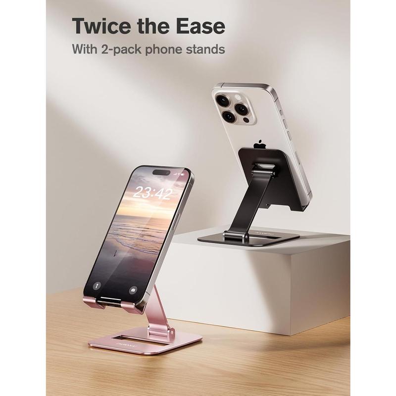 2 Pack Dual Folding Cell Phone Stand, Fully Adjustable Phone Holder for Desk, Compatible with IPhone 16 15 14 13 12 11, All Phones, Black & Rose Gold