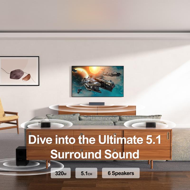 ULTIMEA 5.1 Virtual Surround Soundbar, 320W Peak Power, Surround Sound System Home Theater Sound Bar for Smart TV with Adjustable Surround Speakers and Subwoofer, HDMI ARC TV Soundbar, Poseidon D50.Polk audio.Speaker.Subwoofer.Smartphone.speaker with