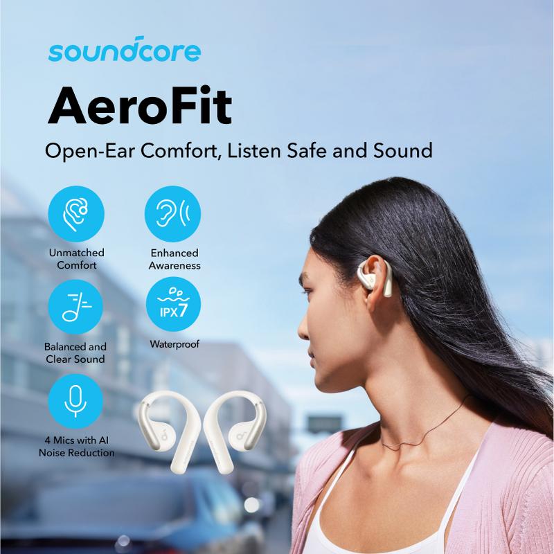 Soundcore by Anker, AeroFit Open-Ear Headphones, Ultra Comfort, Snug Fit, Ergonomic Ear Hook, Balanced Sound, IPX7 Waterproof, 42H Playtime, Bluetooth 5.3, App Control, Clear Calls, Wireless Earbuds