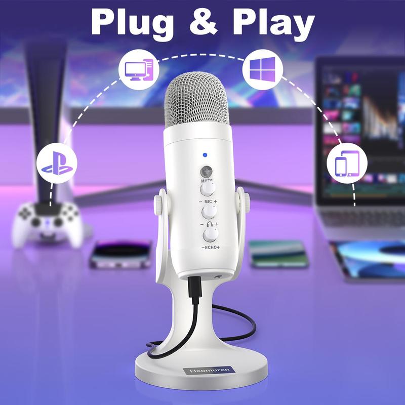 HAOMUREN USB Wired Microphone, 1 Count Condenser Gaming Mic with Gain-Knob & LED Mute & Monitor Volume Adjustment, Stand Base for Streaming, Studio Recording