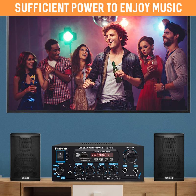 Stereo Receivers with Bluetooth 5.0, 2 Channel Sound Stereo Amplifier, Max 400Wx2, with USB SD RCA MIC FM in, Remote, Receiver for Speaker, AS-35BU Audio Karaoke