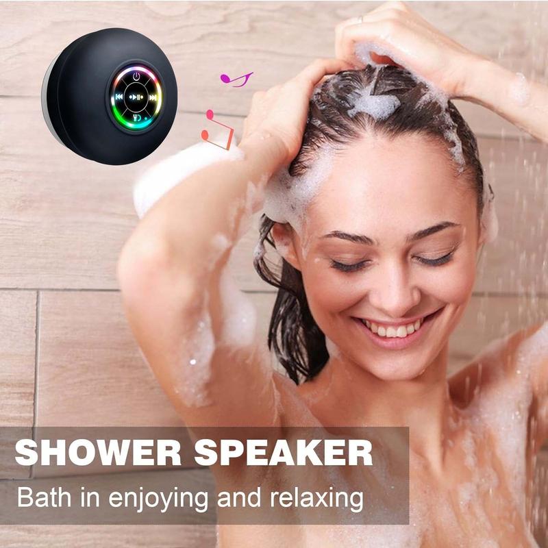 Mini Bluetooth Shower Speakers, Portable Wireless Speaker with Suction Cup, Waterproof Speaker with LED Light, Pairs Easily To Phones, Tablets