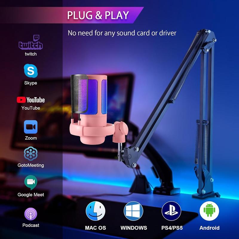 USB Powered Gaming Microphone, 1 Set Capacitor Microphone with RGB Light & Adjustable Boom Arm for PC & Laptop, Desktop Microphone for Twitch, Online Chat