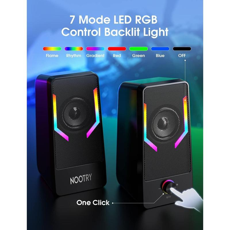 Gaming Desktop Speakers with 7-Color Backlit, 10W USB Powered Volume Control, 2.0CH Stereo Sound for PC, Monitor, Tablet, Phone and Bluetooth Audio Connectivity.