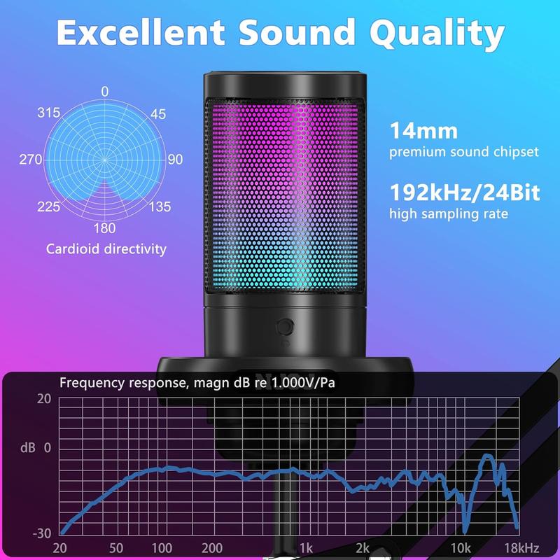 USB Powered Gaming Microphone, 1 Set Capacitor Microphone with RGB Light & Adjustable Boom Arm for PC & Laptop, Desktop Microphone for Twitch, Online Chat