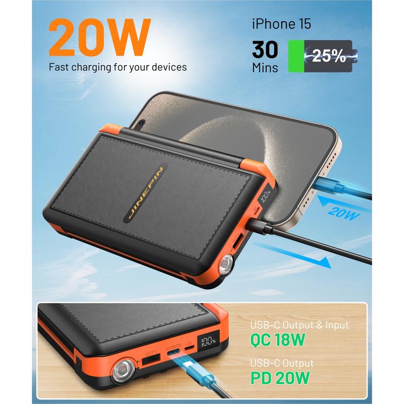 46800mAh Solar Charger Power Bank Built in 4 Cables 3 Foldable Solar Panels, PD20W Fast Charging Portable Charger, LED Display Powerbank USB C in Output, External Battery Pack with SOS Camping Light