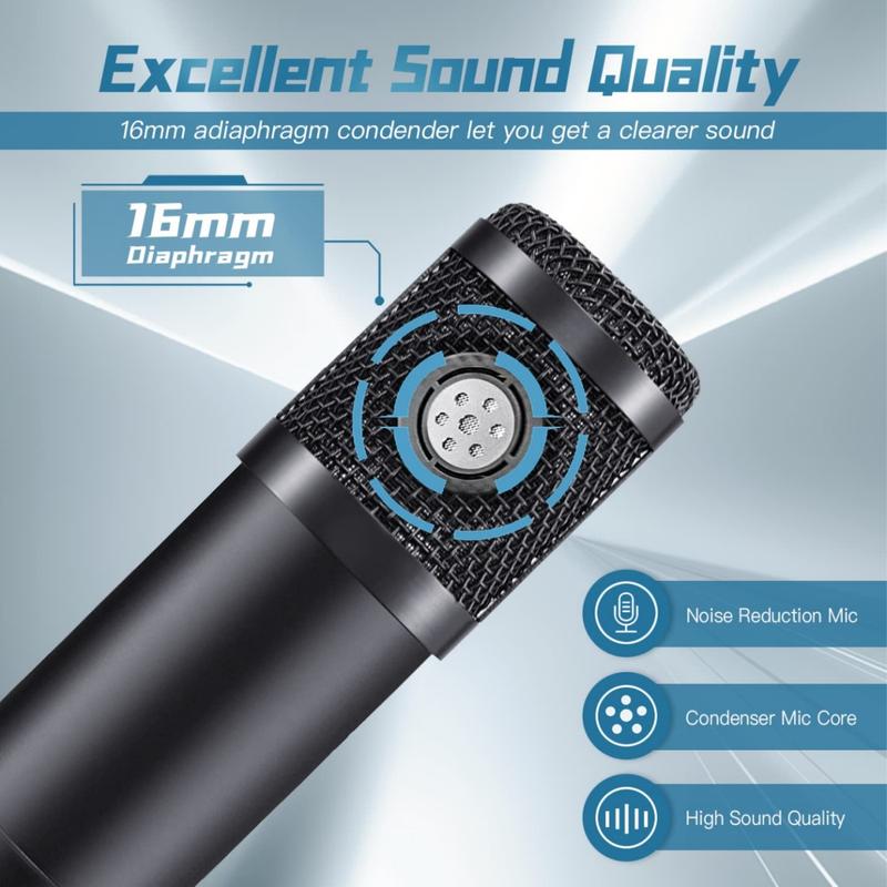 USB Microphone, Professional 192kHz 24Bit Plug & Play PC Computer Condenser Cardioid Mic Kit with Sound Advanced Chipset, for Streaming, Podcast, Studio Recording and Games Audio Smartphone