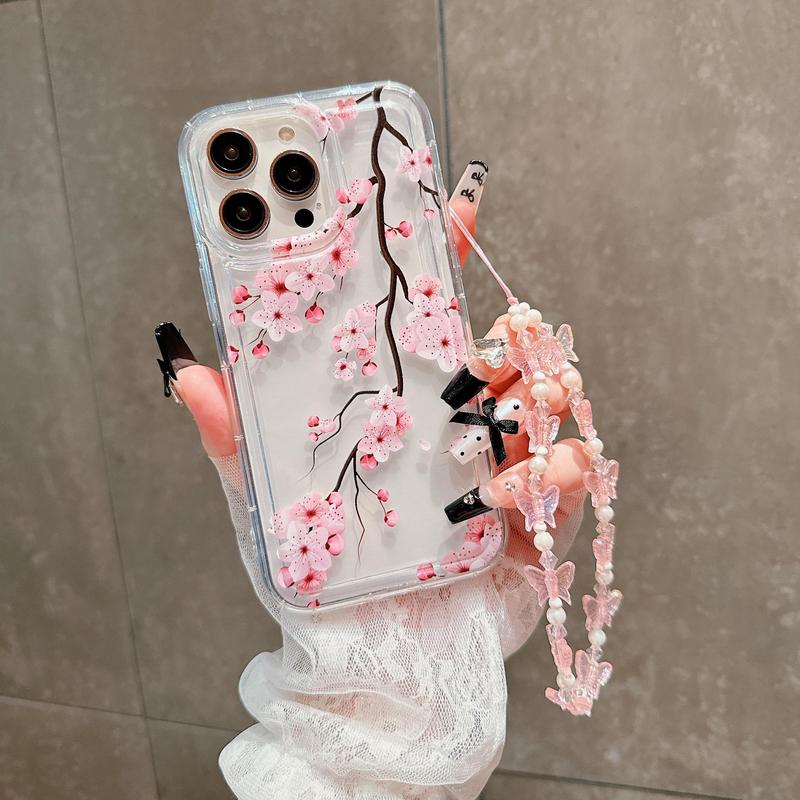 Cherry Blossom Pattern Phone Case with Lanyard, Anti-drop Cellphone Protective Case, Total Protective Shockproof Phone Cover for iPhone 11 12 13 14 15 Pro Max