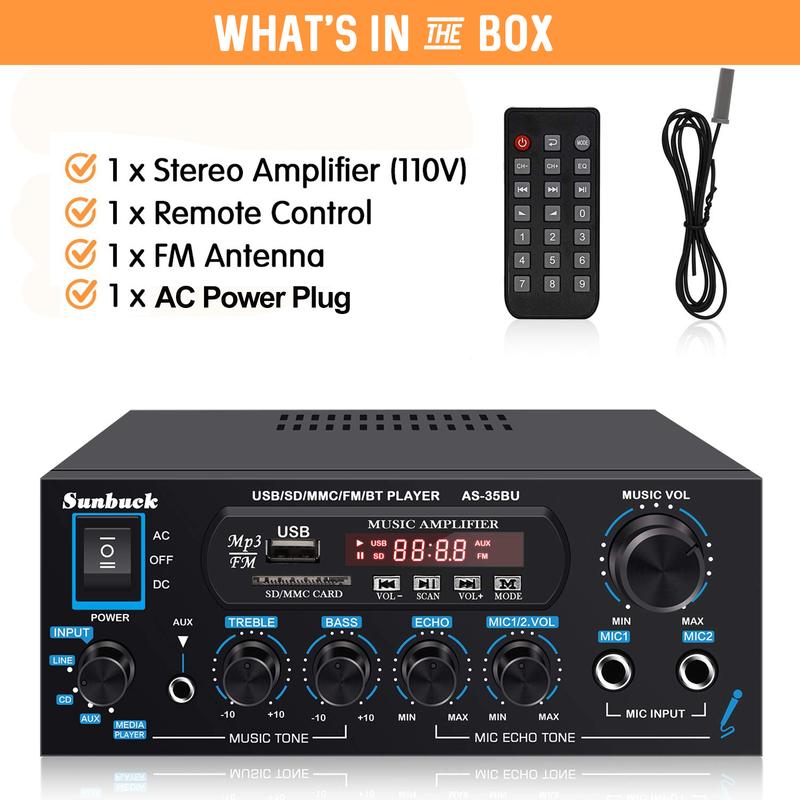 Stereo Receivers with Bluetooth 5.0, 2 Channel Sound Stereo Amplifier, Max 400Wx2, with USB SD RCA MIC FM in, Remote, Receiver for Speaker, AS-35BU Audio Karaoke