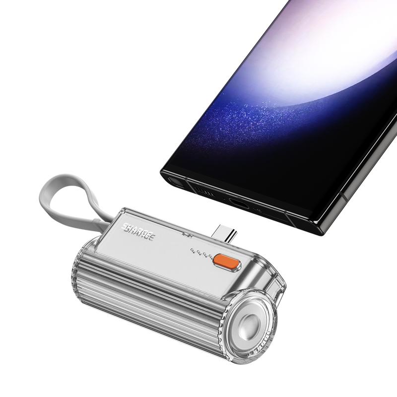 SHARGE Flow Mini Portable Charger, 5000mAh Mini Power Bank with Changeable Plugs and Built in Cable, Dual Output USB-C