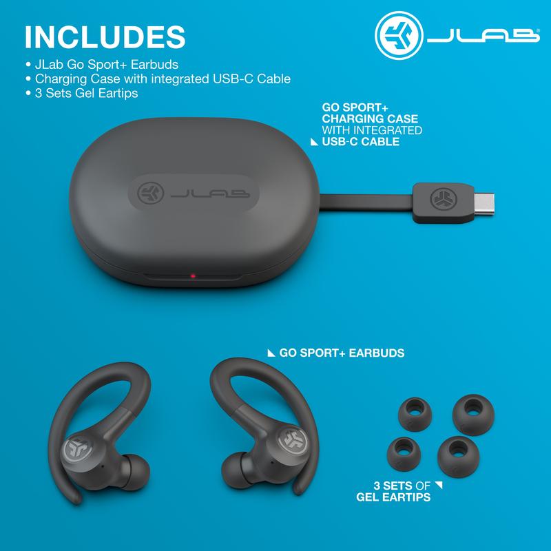 JLab Go Sport True Wireless Workout Bluetooth Earbuds, Sport Earhook Earbuds, C3 Clear Calling, 32+ Hour Bluetooth Playtime, and 3 EQ Sound Settings, Charging Case, For the Gym, Workout