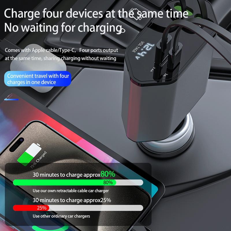  Retractable Car Charger 4 in 1 Fast Car Phone Charger 120W, Type C Car Charger Adapter with 2X Retractable Phone Charger Cables and 2X USB Ports for iPhone 15 14 13 12, Samsung S24 S23,Google Cellphone Smartphone Mobile Charging Electronic