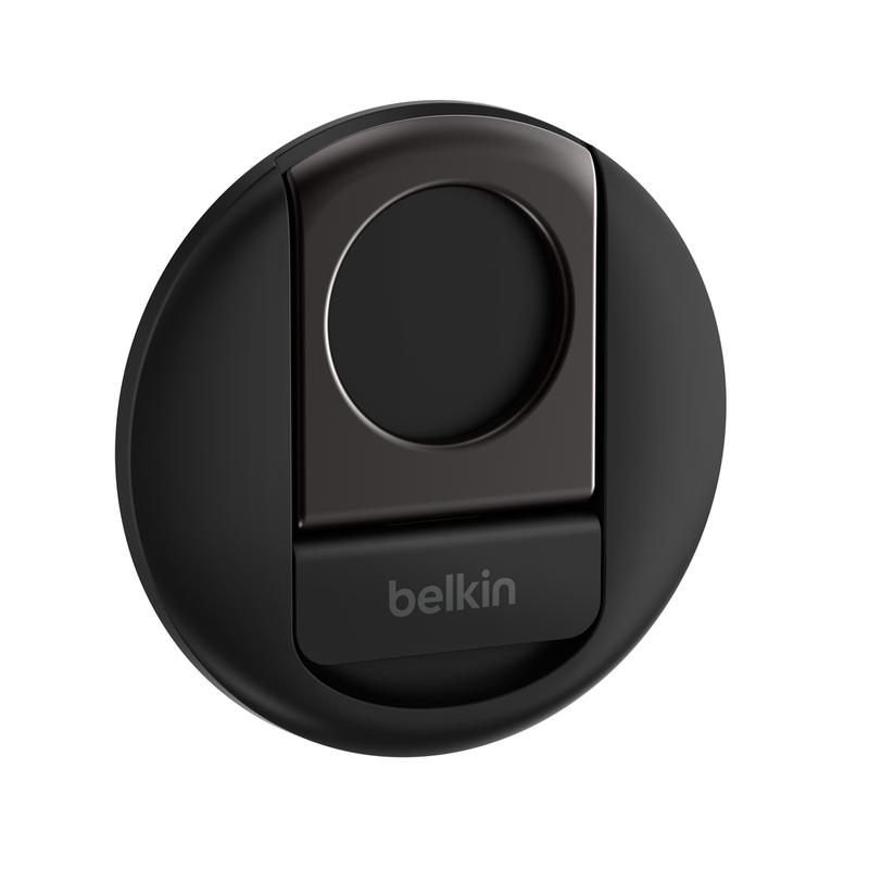 Belkin Stage iPhone Mount with MagSafe, ring grip & folding kickstand, for FaceTime, content creation & video conferencing, continuity camera mount for Mac notebooks, hands-free, black and white.